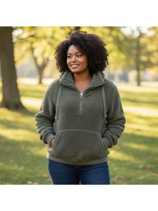 Members Mark Tops - Vtg Members Mark Womens XL Cozy Faux Sherpa Pullover Olive Green Pockets 3/4 Zip